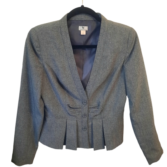 WORTHINGTON Tucked Front Collarless Pleated Peplum Micro Stripe Jacket Sz 6 Grey - Picture 5 of 9